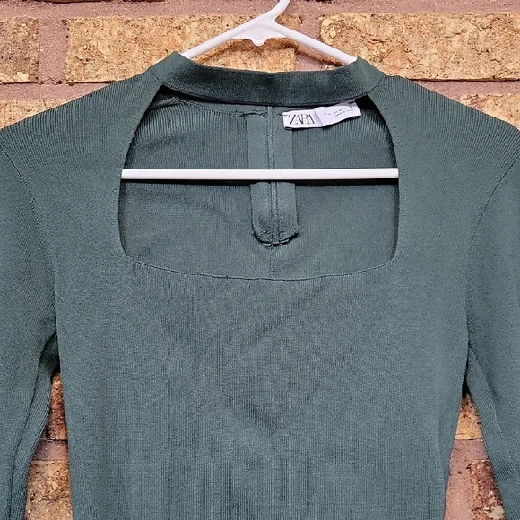 ZARA Square Neck Ribbed Long Sleeve Top Green Size Medium - Picture 4 of 11